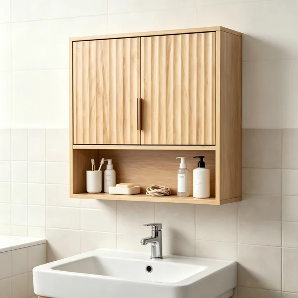 2-Door 3-Tier Slatted Bathroom Wall Cabinet 24.49"*22.83"*8.07 Oak