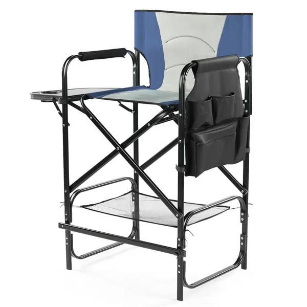 31" Tall Directors Chair with Footrest, 4Portable Bar Height Folding Camping Chair with Built-in Cup Holder, Side Table, Storage Pocket, Gray & Navy view 2