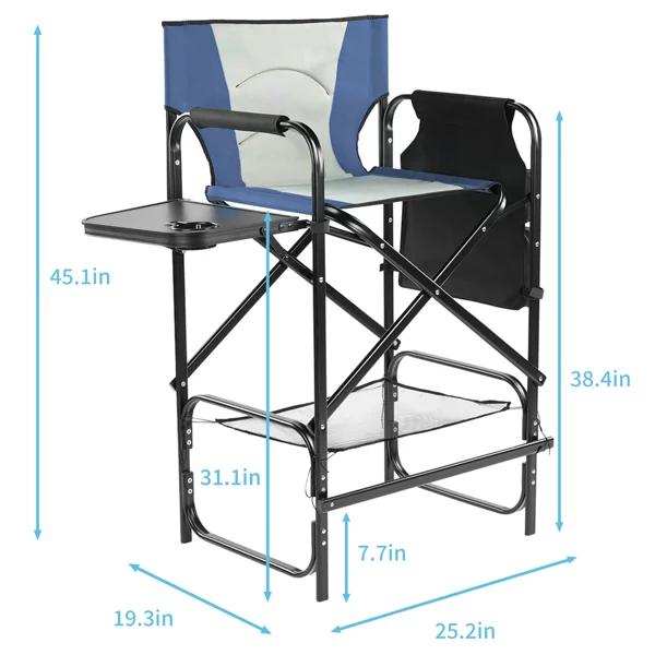 31" Tall Directors Chair with Footrest, 4Portable Bar Height Folding Camping Chair with Built-in Cup Holder, Side Table, Storage Pocket, Gray & Navy view 3