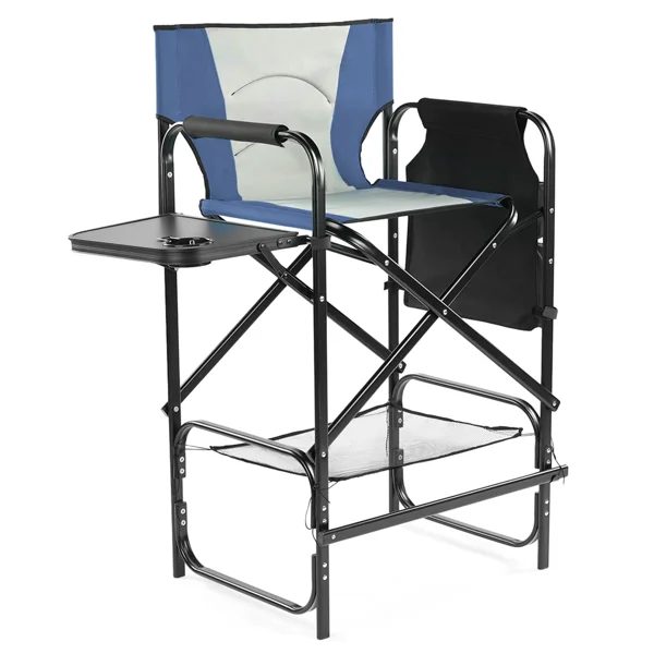 31" Tall Directors Chair with Footrest, 4Portable Bar Height Folding Camping Chair with Built-in Cup Holder, Side Table, Storage Pocket, Gray & Navy