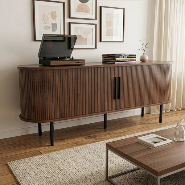 Walnut Embossed Particle Board TV Stand, Oval Tabletop 147×35×58cm, Modern Entertainment Center with Sliding Grid Doors, Media Console Cabinet for Living Room Bedroom view 2