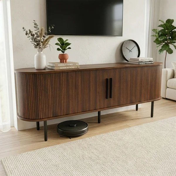 Walnut Embossed Particle Board TV Stand, Oval Tabletop 147×35×58cm, Modern Entertainment Center with Sliding Grid Doors, Media Console Cabinet for Living Room Bedroom view 3