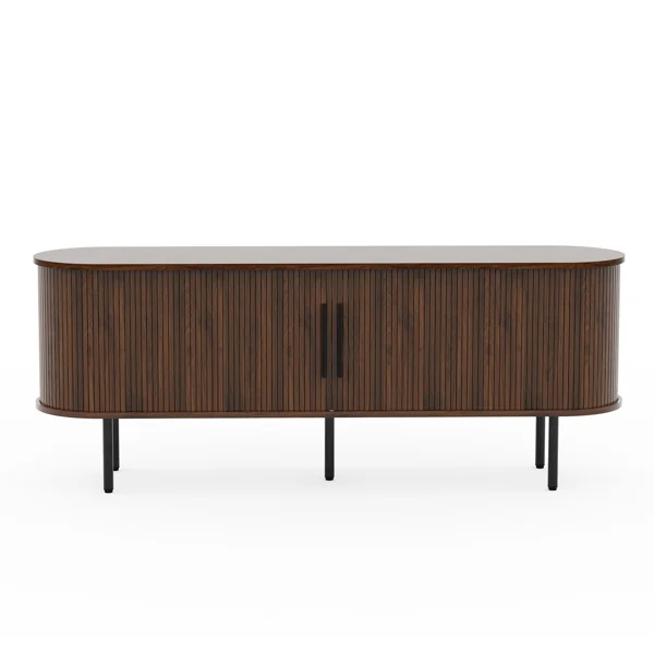 Walnut Embossed Particle Board TV Stand, Oval Tabletop 147×35×58cm, Modern Entertainment Center with Sliding Grid Doors, Media Console Cabinet for Living Room Bedroom view 4