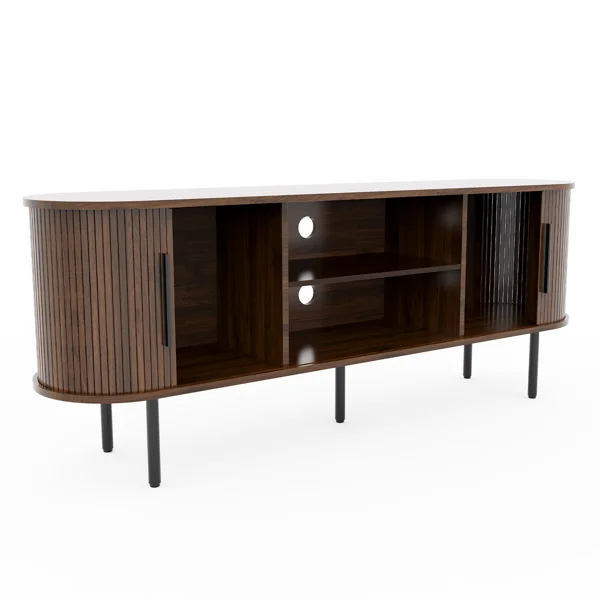 Walnut Embossed Particle Board TV Stand, Oval Tabletop 147×35×58cm, Modern Entertainment Center with Sliding Grid Doors, Media Console Cabinet for Living Room Bedroom view 5