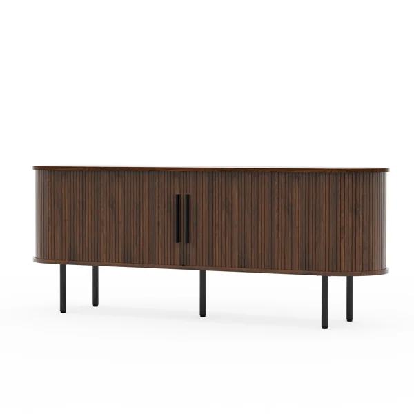 Walnut Embossed Particle Board TV Stand, Oval Tabletop 147×35×58cm, Modern Entertainment Center with Sliding Grid Doors, Media Console Cabinet for Living Room Bedroom view 6