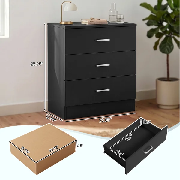 3-Drawer Chest with Textured Finish Drawer Dresser 22.05*12.99*25.98in Black view 5