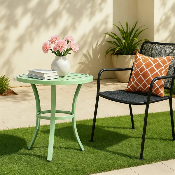 Outdoor Round Side Table, Small Metal Table Patio End Table Coffee Bistro Table for Indoor Outdoor, Light Green view 6