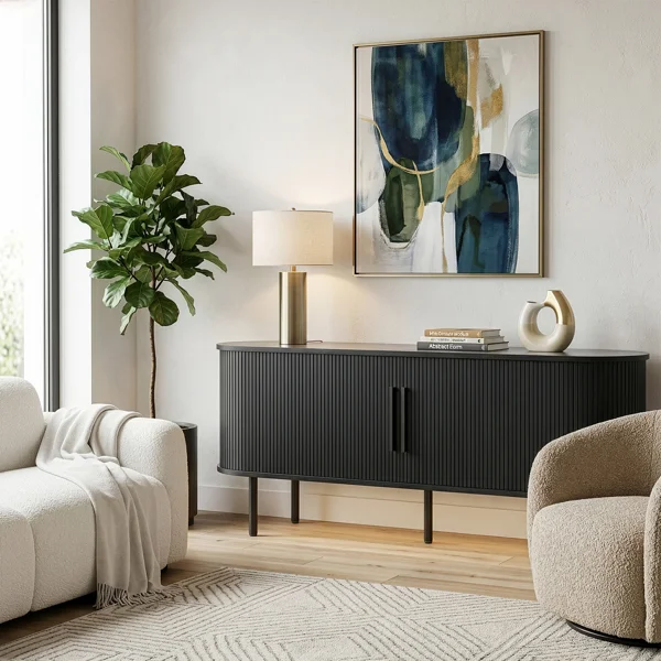 Black Embossed Particle Board TV Stand, Oval Tabletop 147×35×58cm, Entertainment Center with Slatted Sliding Doors, Modern Media Console Cabinet for Living Room view 3