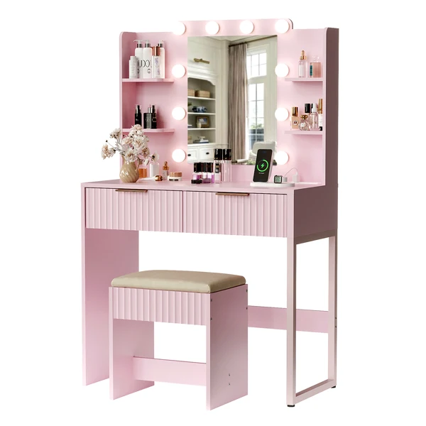 Pink particleboard with a melamine finish, a 2-drawer, 4-shelf dressing table set with 10 three-tone light bulbs, a power strip, and a grille. view 2