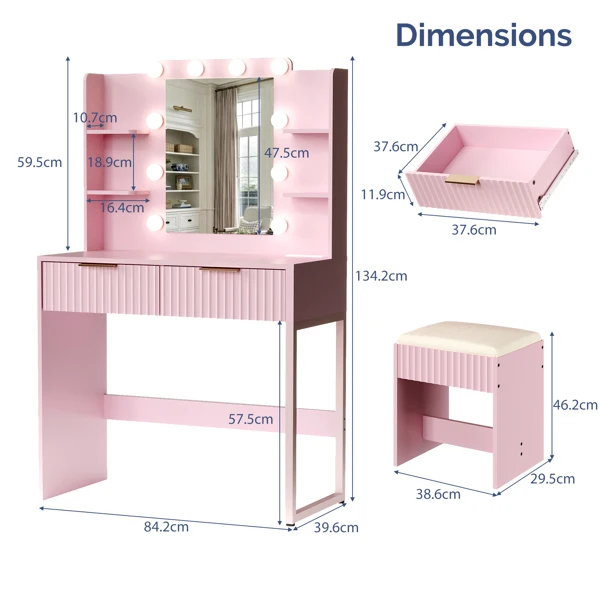 Pink particleboard with a melamine finish, a 2-drawer, 4-shelf dressing table set with 10 three-tone light bulbs, a power strip, and a grille. view 5