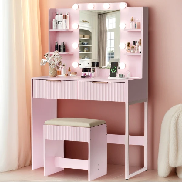 Pink particleboard with a melamine finish, a 2-drawer, 4-shelf dressing table set with 10 three-tone light bulbs, a power strip, and a grille. view 6