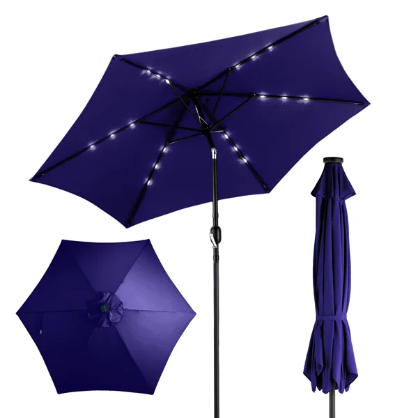 9ft Solar LED Patio Umbrella with Push Button Tilt & Crank, 6 Ribs Waterproof Polyester Outdoor Market Table Umbrella for Garden Backyard Pool, Navy Blue