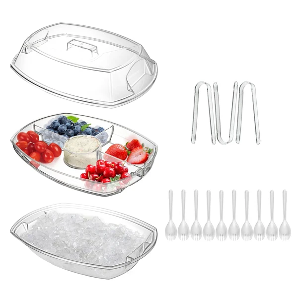 Fruit Ice Serving Tray Chilled Veggie Tray Shrimp Cocktail Serving Dish Appetizer Party Serving Platter Cold Food Buffet Server with Lid and 4 Compartments 3 Tongs 10 Sporks view 6