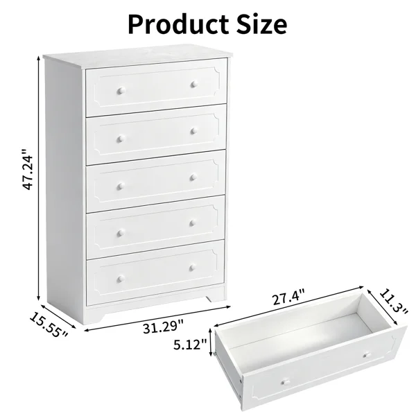 5-Drawer Cabinet with Solid Wood Veneer and Paint P2 MDF + P2 Particleboard Storage Cabinet 31.3*15.55*47.24in White view 5