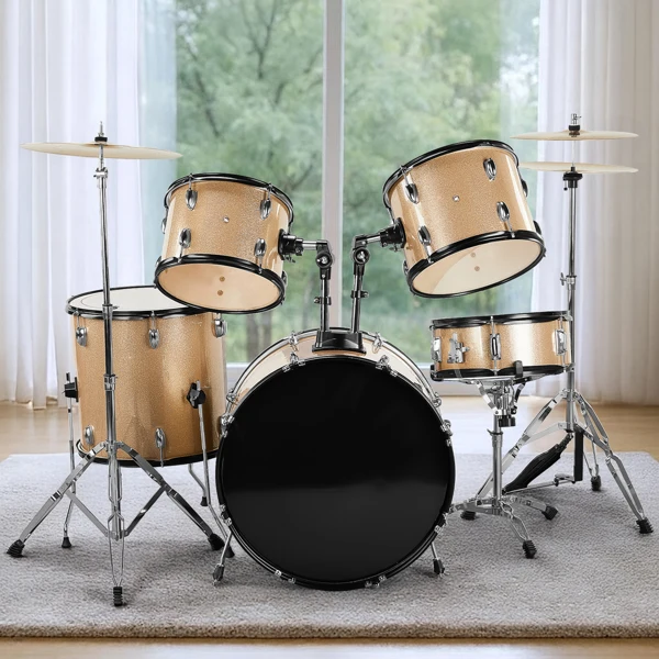 Full Size Adult Drum Set 5-Piece Champagne with Bass Drum, two Tom Drum, Snare Drum, Floor Tom, 16" Ride Cymbal, 14" Hi-hat Cymbals, Stool, Drum Pedal, Sticks view 3