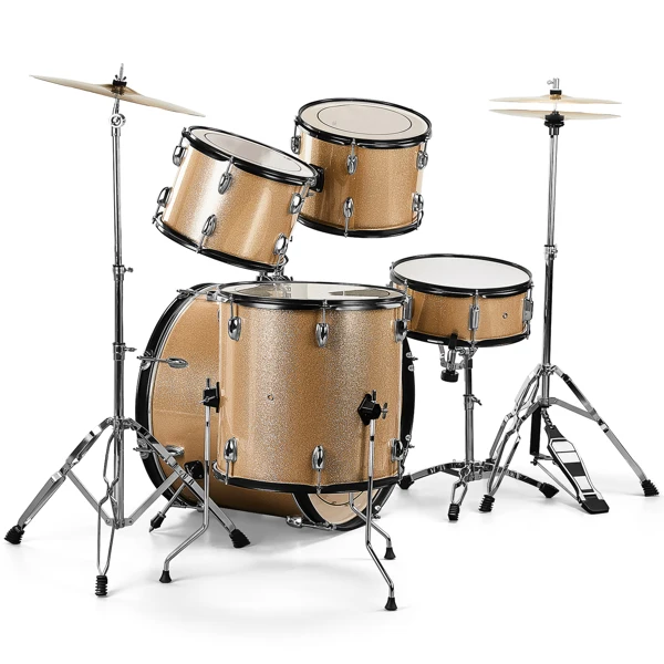 Full Size Adult Drum Set 5-Piece Champagne with Bass Drum, two Tom Drum, Snare Drum, Floor Tom, 16" Ride Cymbal, 14" Hi-hat Cymbals, Stool, Drum Pedal, Sticks view 4