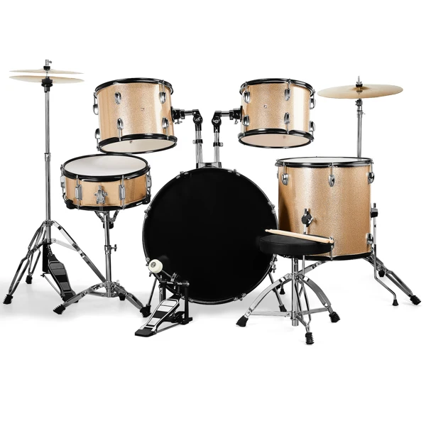 Full Size Adult Drum Set 5-Piece Champagne with Bass Drum, two Tom Drum, Snare Drum, Floor Tom, 16" Ride Cymbal, 14" Hi-hat Cymbals, Stool, Drum Pedal, Sticks view 6