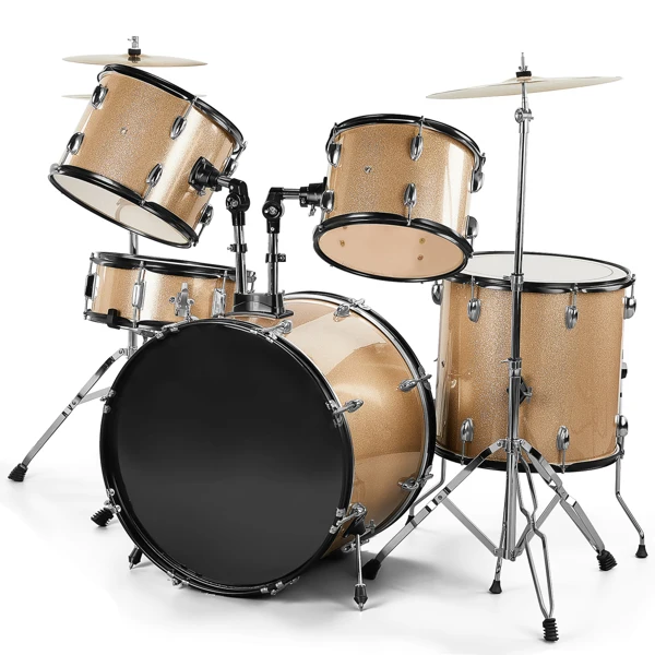 Full Size Adult Drum Set 5-Piece Champagne with Bass Drum, two Tom Drum, Snare Drum, Floor Tom, 16" Ride Cymbal, 14" Hi-hat Cymbals, Stool, Drum Pedal, Sticks