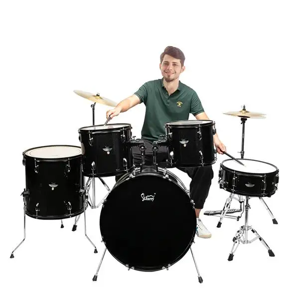 Full Size Adult Drum Set 5-Piece Black with Bass Drum, two Tom Drum, Snare Drum, Floor Tom, 16" Ride Cymbal, 14" Hi-hat Cymbals, Stool, Drum Pedal, Sticks view 2
