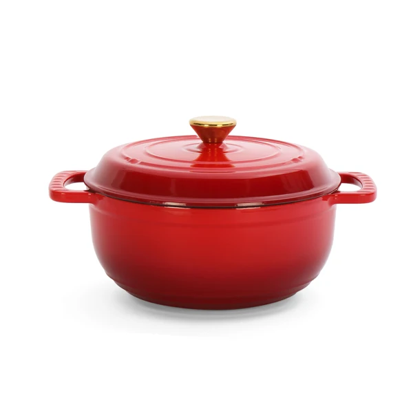 Cast iron 5QT cooking pot - Gradient red - Includes two silicone gloves - Enamel pot view 2