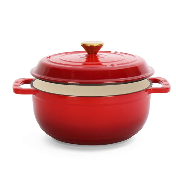 Cast iron 5QT cooking pot - Gradient red - Includes two silicone gloves - Enamel pot view 3
