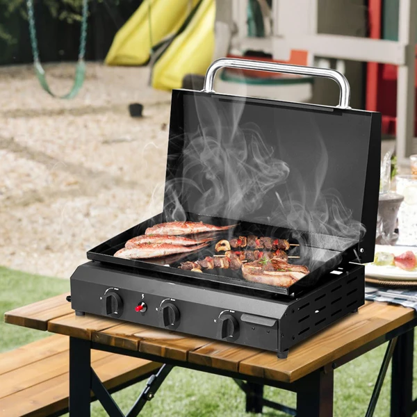 3-Burner Flat Top Gas Griddle Cooking Station with Ceramic Coated Cast Iron Pan, 30,000 BTU Propane Fuelled Griddle Station for Outdoor Barbecue Backyard Cookout view 2