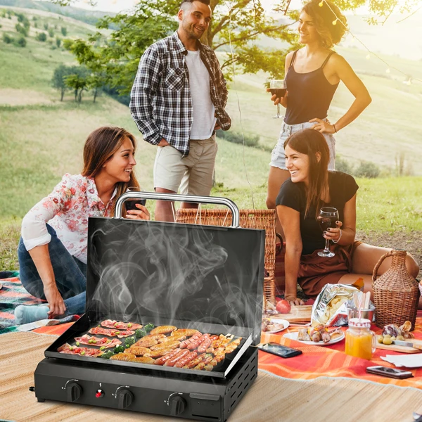 3-Burner Flat Top Gas Griddle Cooking Station with Ceramic Coated Cast Iron Pan, 30,000 BTU Propane Fuelled Griddle Station for Outdoor Barbecue Backyard Cookout view 5