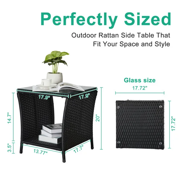 Outdoor Patio Wicker Side Table, Square End Table Bistro Coffee Table with Glass Top Storage Shelf for Porch Garden Backyard Black view 2