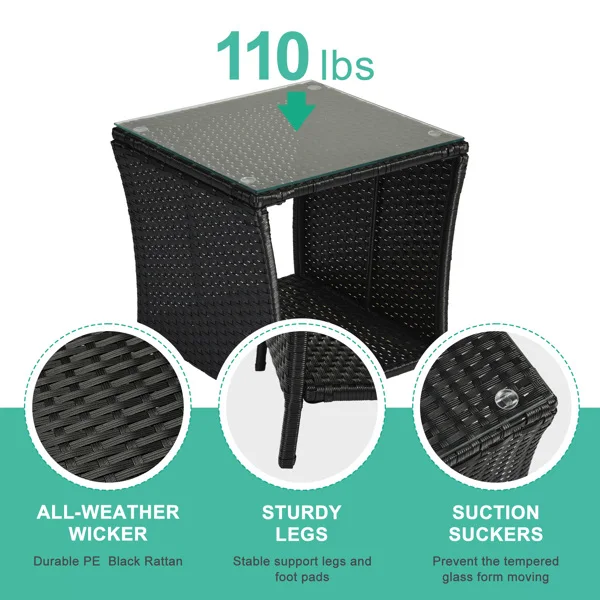 Outdoor Patio Wicker Side Table, Square End Table Bistro Coffee Table with Glass Top Storage Shelf for Porch Garden Backyard Black view 4