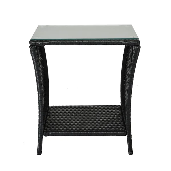 Outdoor Patio Wicker Side Table, Square End Table Bistro Coffee Table with Glass Top Storage Shelf for Porch Garden Backyard Black view 6