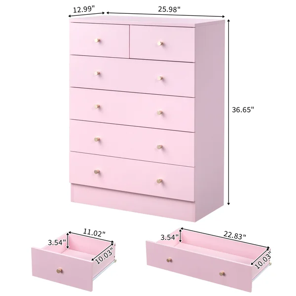 5-Tier 6-Drawer Cabinet with Matte Gold Handles Particleboard Melamine-Coated Storage Cabinet 25.98*12.99*35.04in Macaron Pink view 6