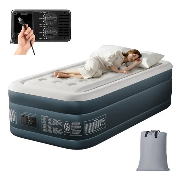 Twin Air Mattress with Built-in Pump, 18in Raised Comfort Blow up Mattress, Double Chamber Airbed, 2min Quick Inflation/Deflation Inflatable Mattress for Home Guests Camping, Gray & White