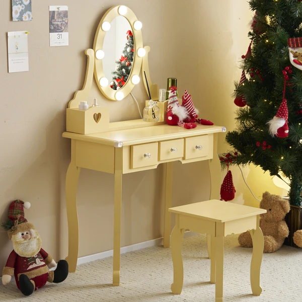 Kids Vanity Set with Mirror and Lights and Stool, 5 Storage Drawers, Pretend Play Princess Makeup Desk Dressing Table and Stool Set for Little Girls Age 3+, Macaroon Orange view 4