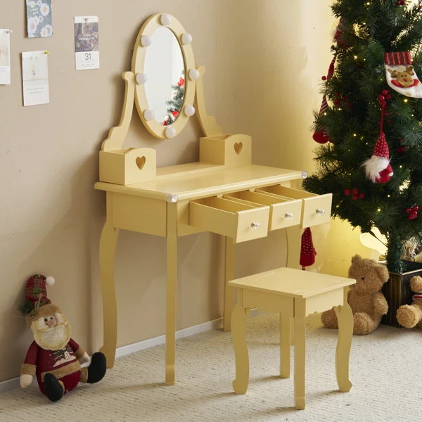 Kids Vanity Set with Mirror and Lights and Stool, 5 Storage Drawers, Pretend Play Princess Makeup Desk Dressing Table and Stool Set for Little Girls Age 3+, Macaroon Orange view 5