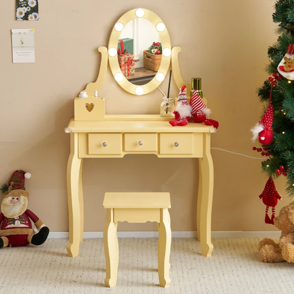 Kids Vanity Set with Mirror and Lights and Stool, 5 Storage Drawers, Pretend Play Princess Makeup Desk Dressing Table and Stool Set for Little Girls Age 3+, Macaroon Orange