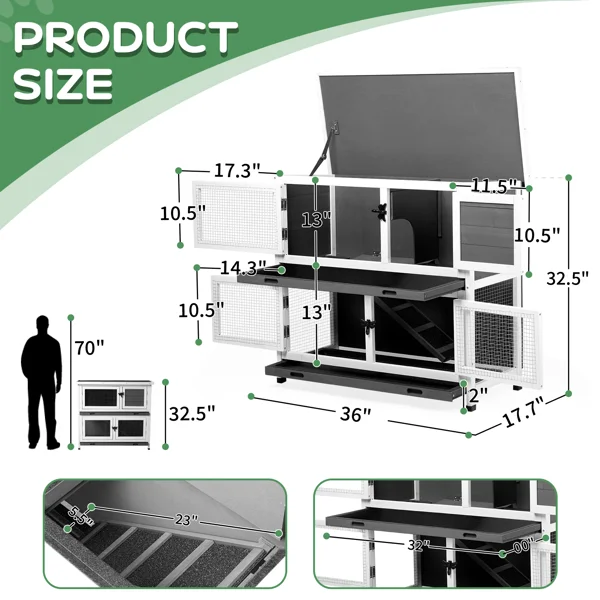 2 Story Solid Wood Rabbit Hutch Bunny Cage with 2 Large Main Rooms, Indoor Outdoor Rabbit House Guinea Pig Cage Pet House for Small Animals with 2 Removable Trays, Grey view 3