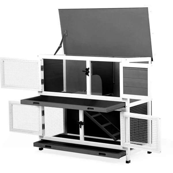 2 Story Solid Wood Rabbit Hutch Bunny Cage with 2 Large Main Rooms, Indoor Outdoor Rabbit House Guinea Pig Cage Pet House for Small Animals with 2 Removable Trays, Grey view 4