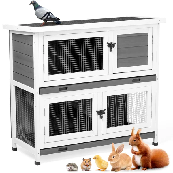 2 Story Solid Wood Rabbit Hutch Bunny Cage with 2 Large Main Rooms, Indoor Outdoor Rabbit House Guinea Pig Cage Pet House for Small Animals with 2 Removable Trays, Grey view 5