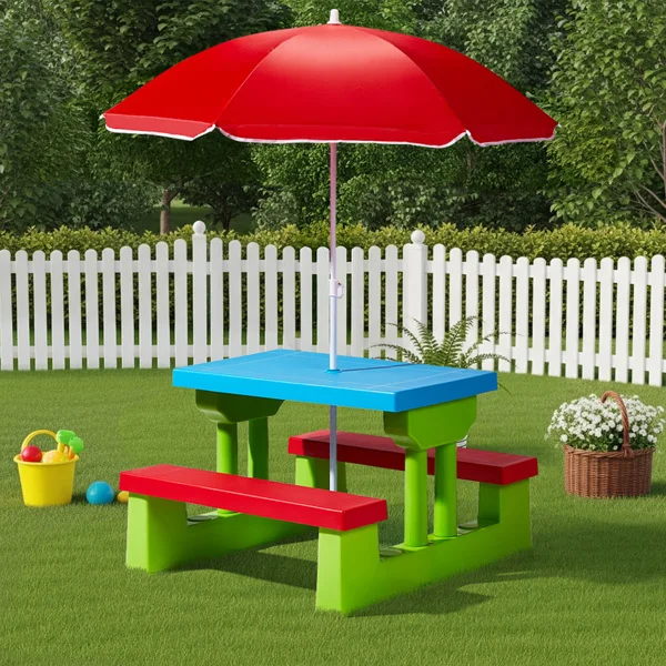 Kids Outdoor Table and Chair Sets with Removable Umbrella, Kids Picnic Table for Backyard Garden Patio, Red & Blue & Green view 4