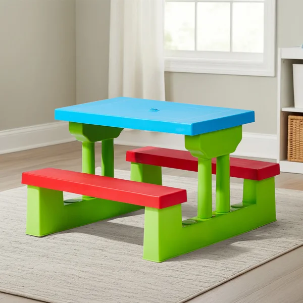 Kids Outdoor Table and Chair Sets with Removable Umbrella, Kids Picnic Table for Backyard Garden Patio, Red & Blue & Green view 6