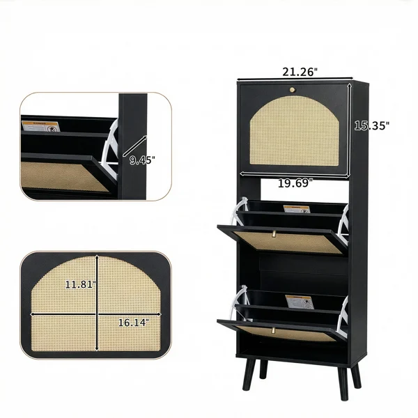 Rattan-fronted 3-tier shoe cabinet, particleboard, 54*24*135 cm, black view 5