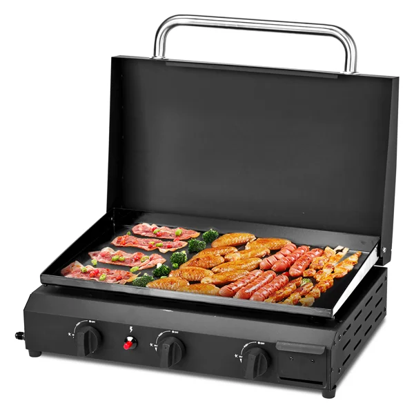 3-Burner Flat Top Gas Griddle Cooking Station with Ceramic Coated Cast Iron Pan, 30,000 BTU Propane Fuelled Griddle Station for Outdoor Barbecue Backyard Cookout view 2