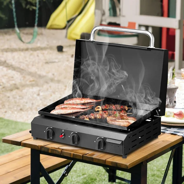 3-Burner Flat Top Gas Griddle Cooking Station with Ceramic Coated Cast Iron Pan, 30,000 BTU Propane Fuelled Griddle Station for Outdoor Barbecue Backyard Cookout view 6