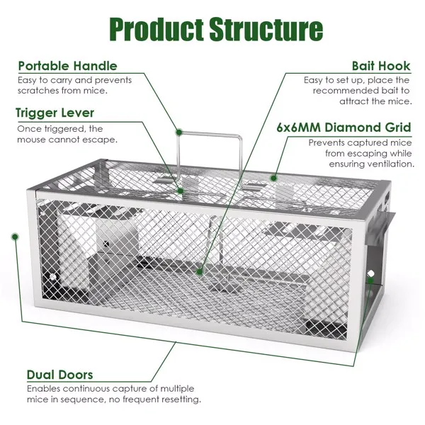 2 pcs Dual-Door Humane Rat Trap - Continuous Mouse Catching, Heavy-Duty Galvanized Iron Construction - Safe for Pets & Kids, Indoor/Outdoor Use, 3S Quick Setup view 5