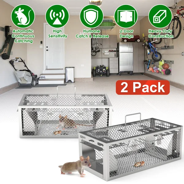 2 pcs Dual-Door Humane Rat Trap - Continuous Mouse Catching, Heavy-Duty Galvanized Iron Construction - Safe for Pets & Kids, Indoor/Outdoor Use, 3S Quick Setup