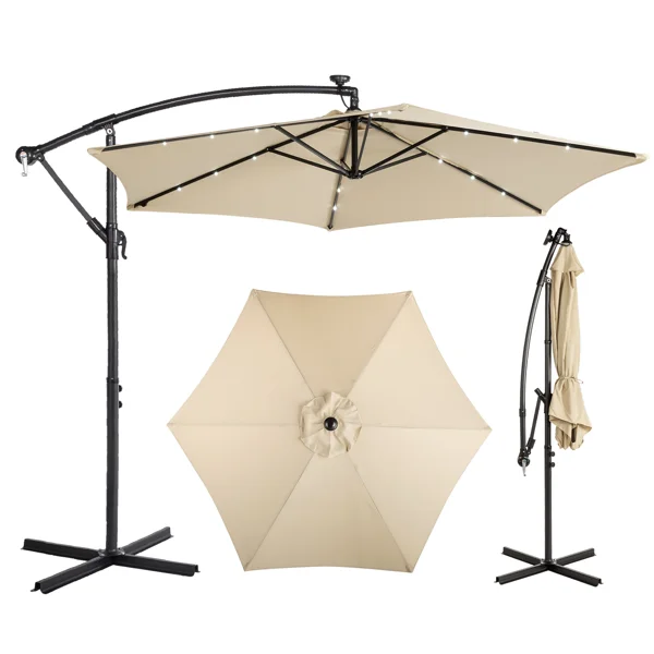 10FT Round Banana Hanging Patio Umbrella with 18 LED Lights, 6 Iron Ribs, Iron Straight & Curved Pole, Waterproof Polyester Canopy, with Stand Sleeve and Cross Base, Khaki view 2