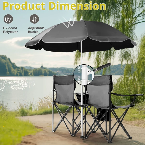 Portable Outdoor 2-Seat Folding Chair with Removable Sun Umbrella Black view 6