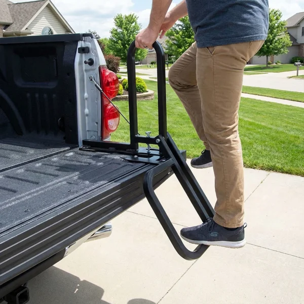 Foldable Pickup Truck Tailgate One-Step Ladder - Universal Fit. Drilling Hex Screws for Easy Install. Load Capacity: 300 LBS. Serves To Secure Items In Truck Bed