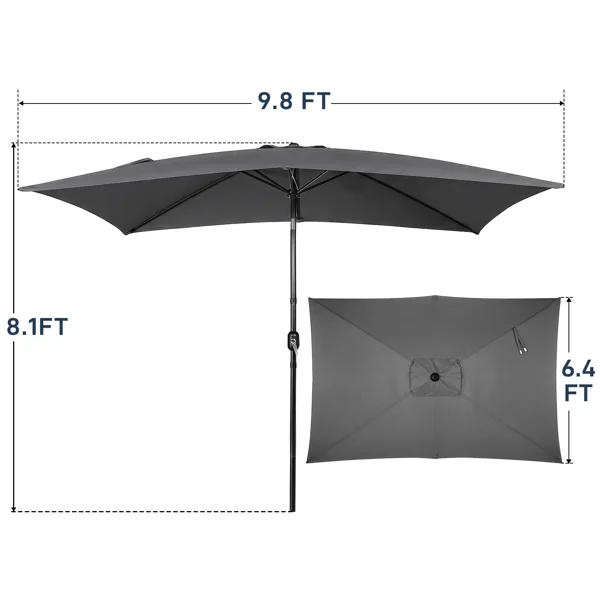 10 x 6.5 FT Square Patio Umbrella, Tilting Outdoor Sun Shade Umbrella with 6 Iron Ribs & Iron Pole, Polyester Fabric Outdoor Market Umbrella Gray view 4