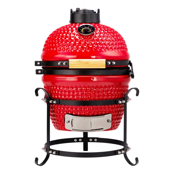 13-inch Portable Ceramic Charcoal Grill with Grill Stand, Stainless Steel Cooking Grate, Heat Deflectors and Ash Tool for Outdoor Cooking and Camping, Red